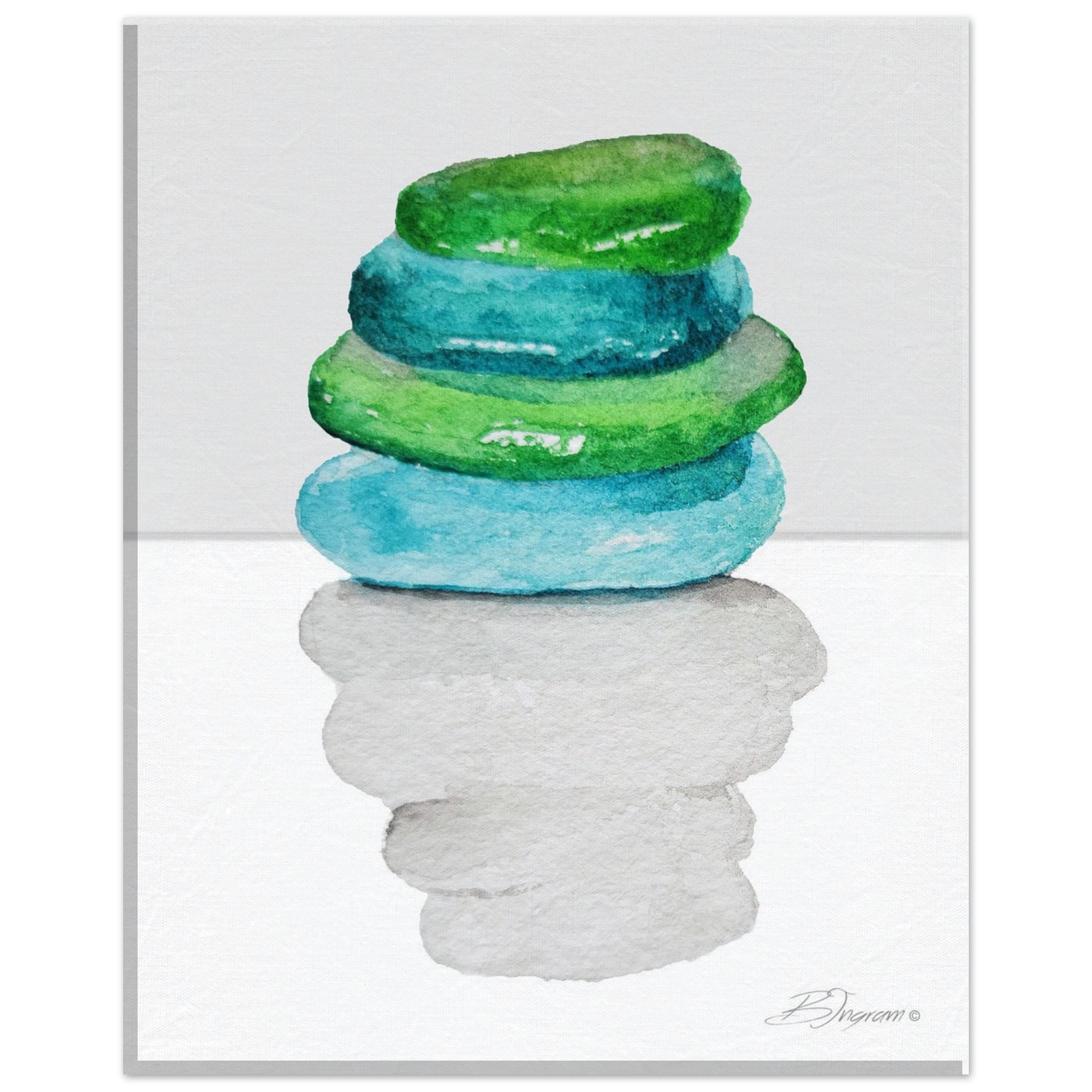 Stacked blue and green sea glass watercolor on canvas print