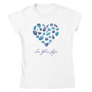 Purple and Blue “Sea Glass Life” Watercolor Heart on Women’s Crewneck T-shirt