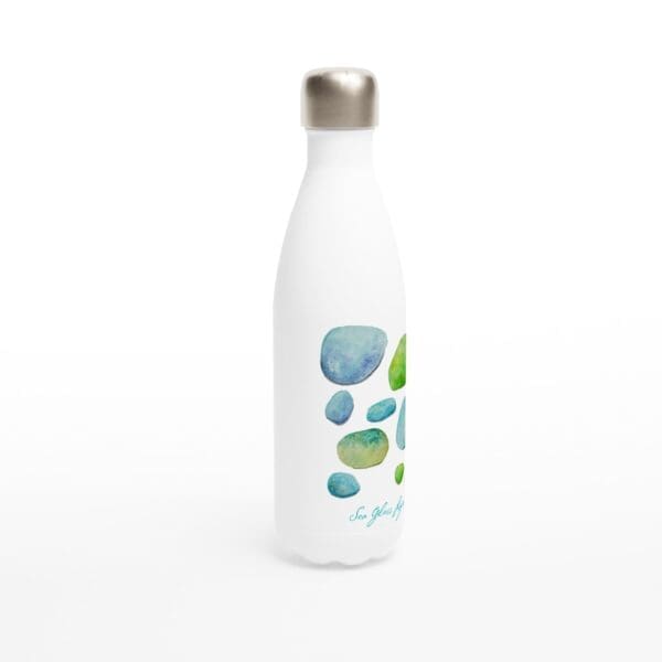 Caribbean colors of blue and green sea glass watercolor printed on a water bottle.