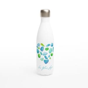 Blue and Green “Sea Glass Life” Watercolor Heart on Stainless Steel Water Bottle