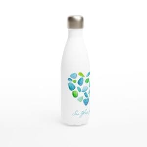 Blue and Green “Sea Glass Life” Watercolor Heart on Stainless Steel Water Bottle