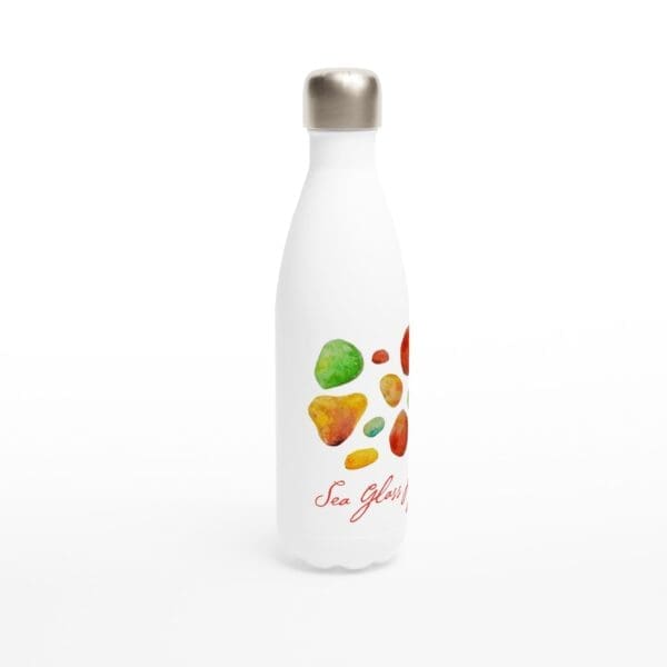 Sunset colors of Red and yellow sea glass watercolor printed on a water bottle.