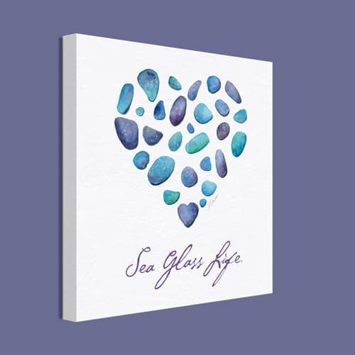 Purple and Blue sea glass heart in watercolor on canvas